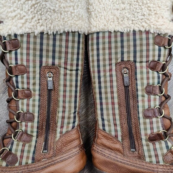 UGG Edmonton Tall Boots 3226 Green Plaid Brown Leather Sheepskin Shearling 7 - Picture 8 of 16